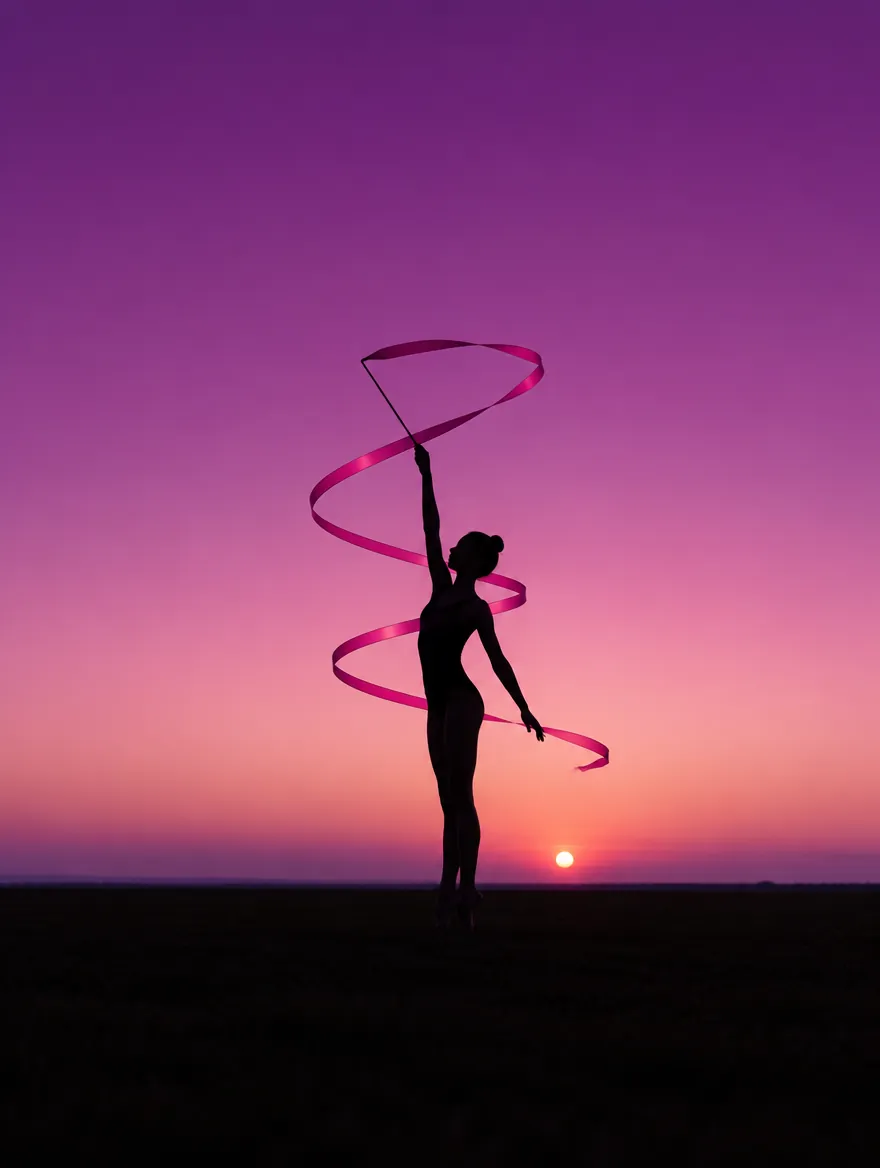 Silhouette di una ginnasta con il nastro all'alba